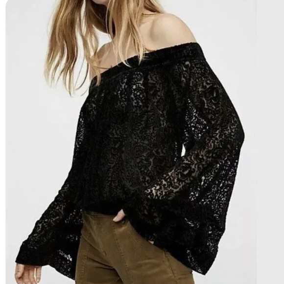 Free People Tops - Free People Off Shoulder Velvet Long Flared Sleeve Black Top